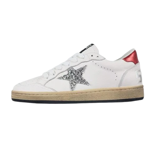 Golden Goose Ball-Star Glitter Silver Star Red Heel Tab