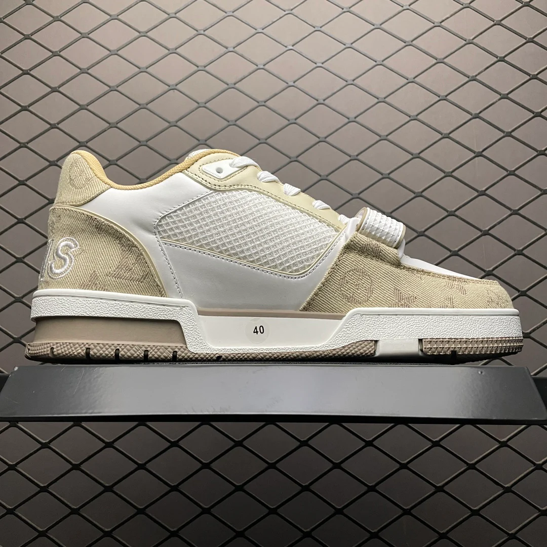 LV Trainers Velcro Strap Monogram Denim Beige - Image 3