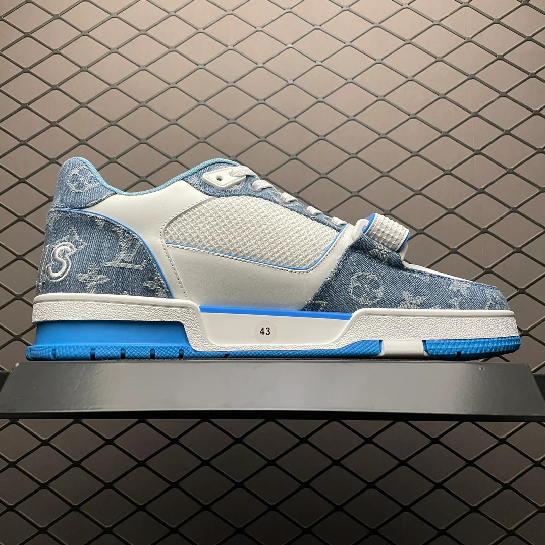 LV Trainers Velcro Strap Monogram Denim Blue - Image 3