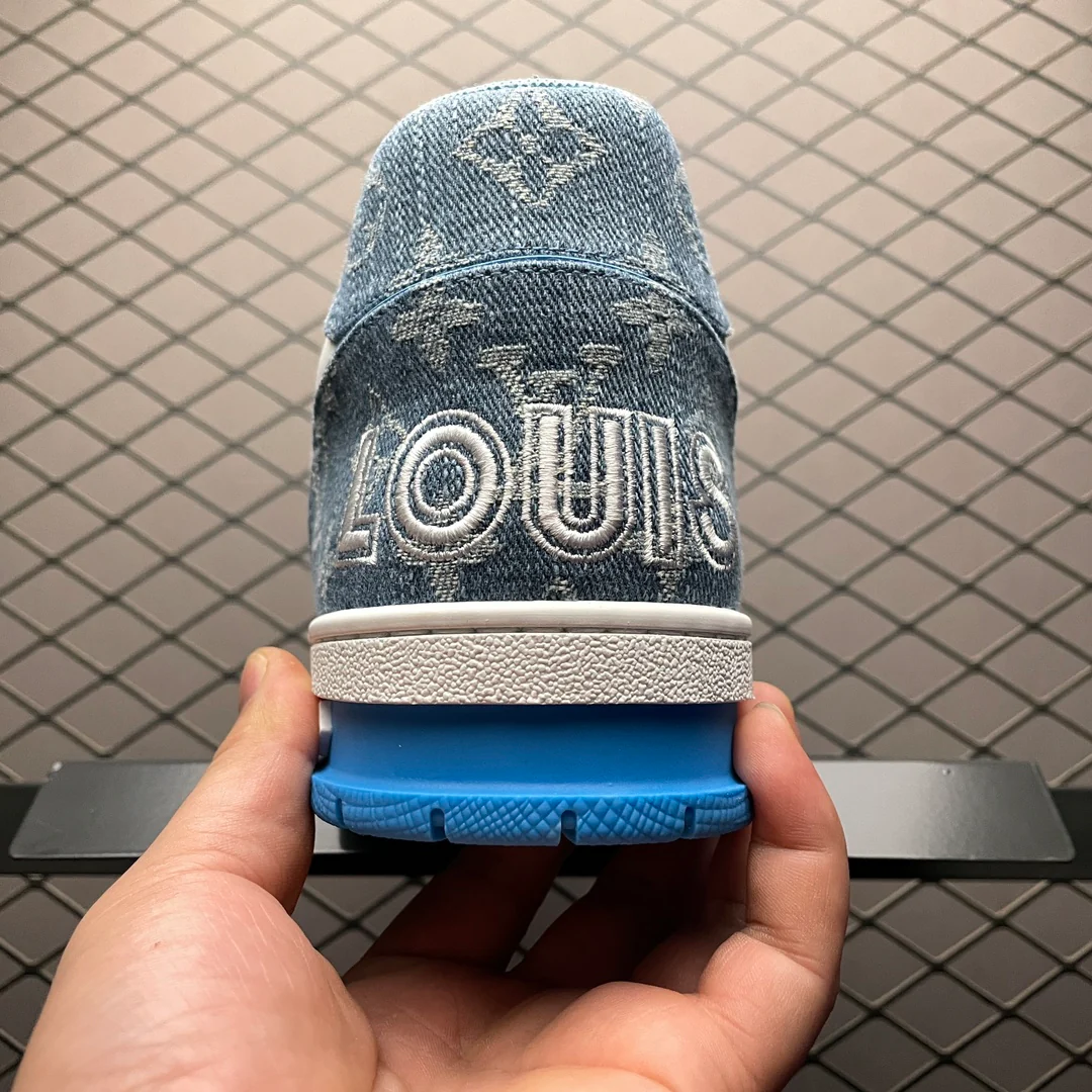 LV Trainers Velcro Strap Monogram Denim Blue - Image 8