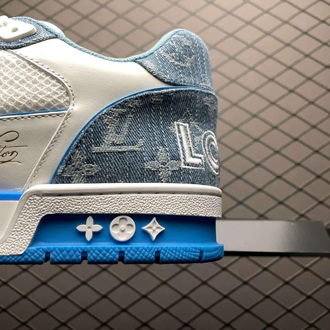 LV Trainers Velcro Strap Monogram Denim Blue - Image 9