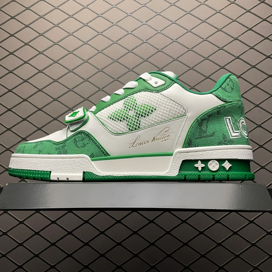 LV Trainers Velcro Strap Monogram Denim Green - Image 2