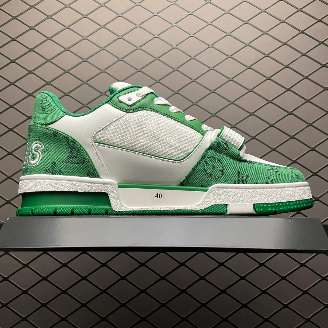 LV Trainers Velcro Strap Monogram Denim Green - Image 3