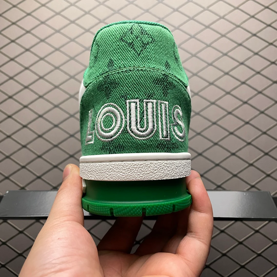 LV Trainers Velcro Strap Monogram Denim Green - Image 6