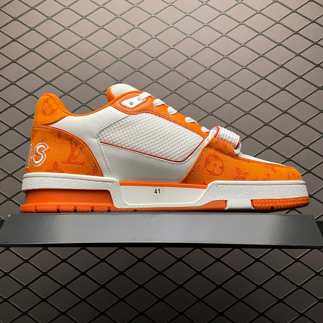 LV Trainers Velcro Strap Monogram Denim Orange - Image 3