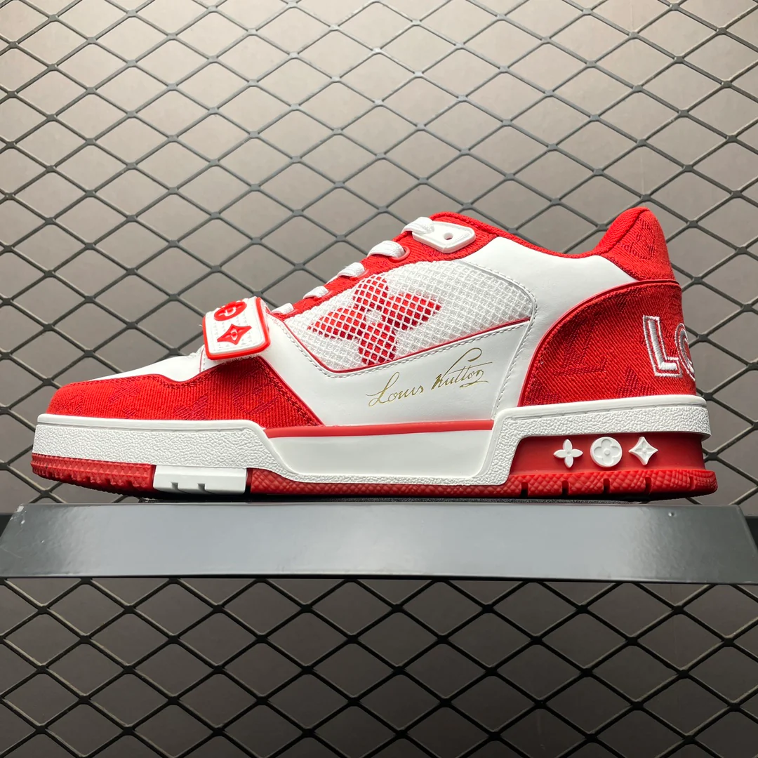 LV Trainers Velcro Strap Monogram Denim Red - Image 2