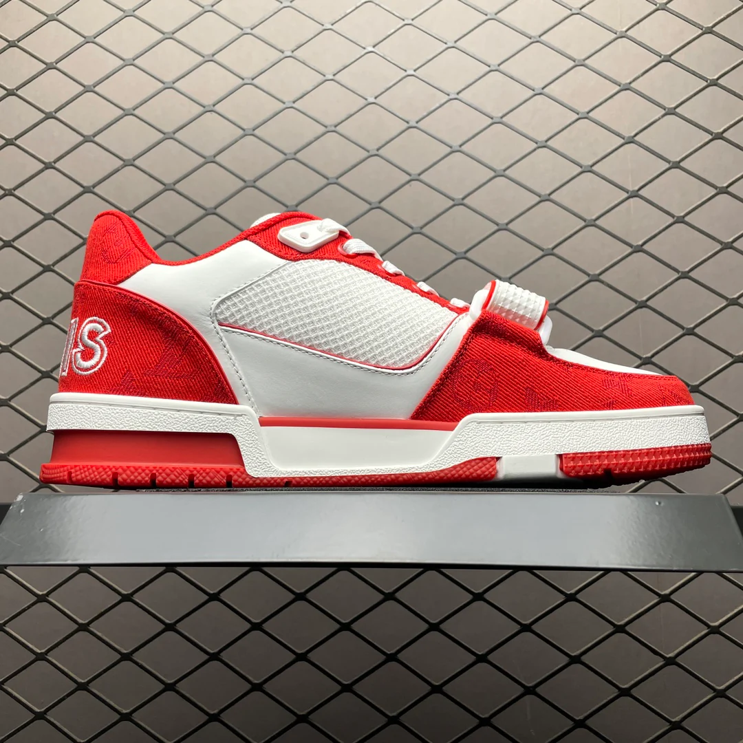 LV Trainers Velcro Strap Monogram Denim Red - Image 3