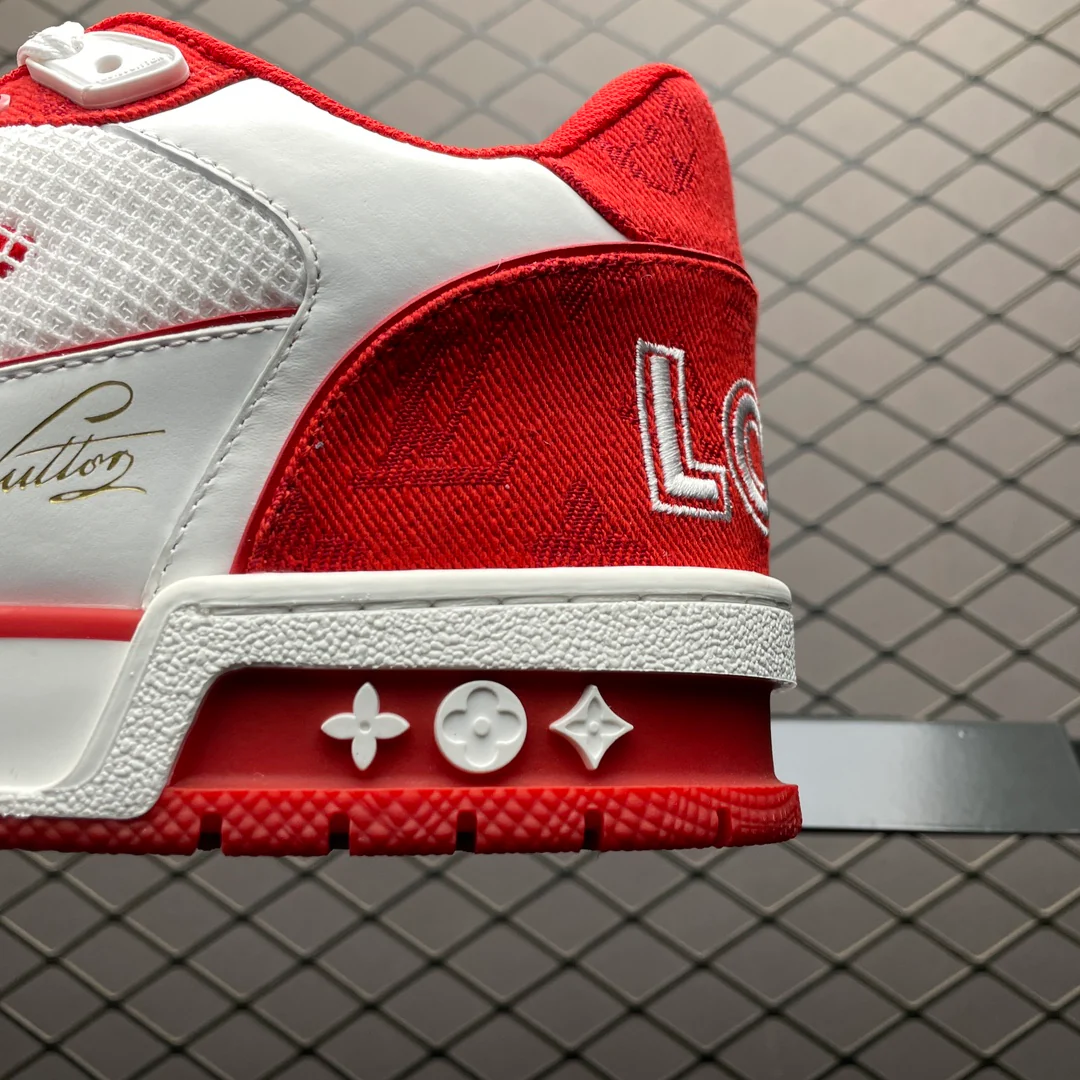 LV Trainers Velcro Strap Monogram Denim Red - Image 5