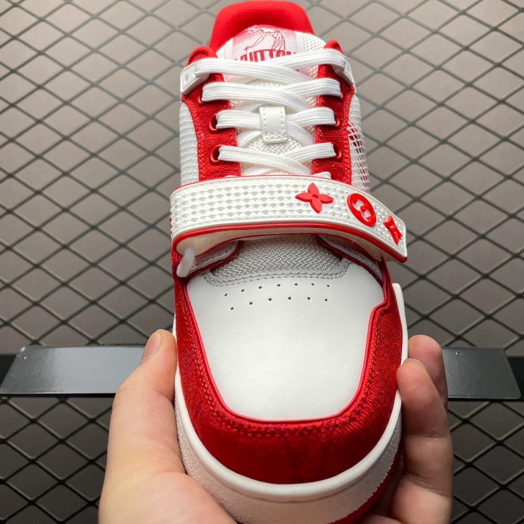 LV Trainers Velcro Strap Monogram Denim Red - Image 6