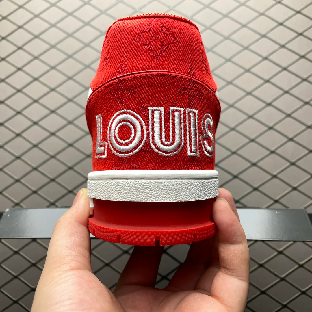LV Trainers Velcro Strap Monogram Denim Red - Image 7