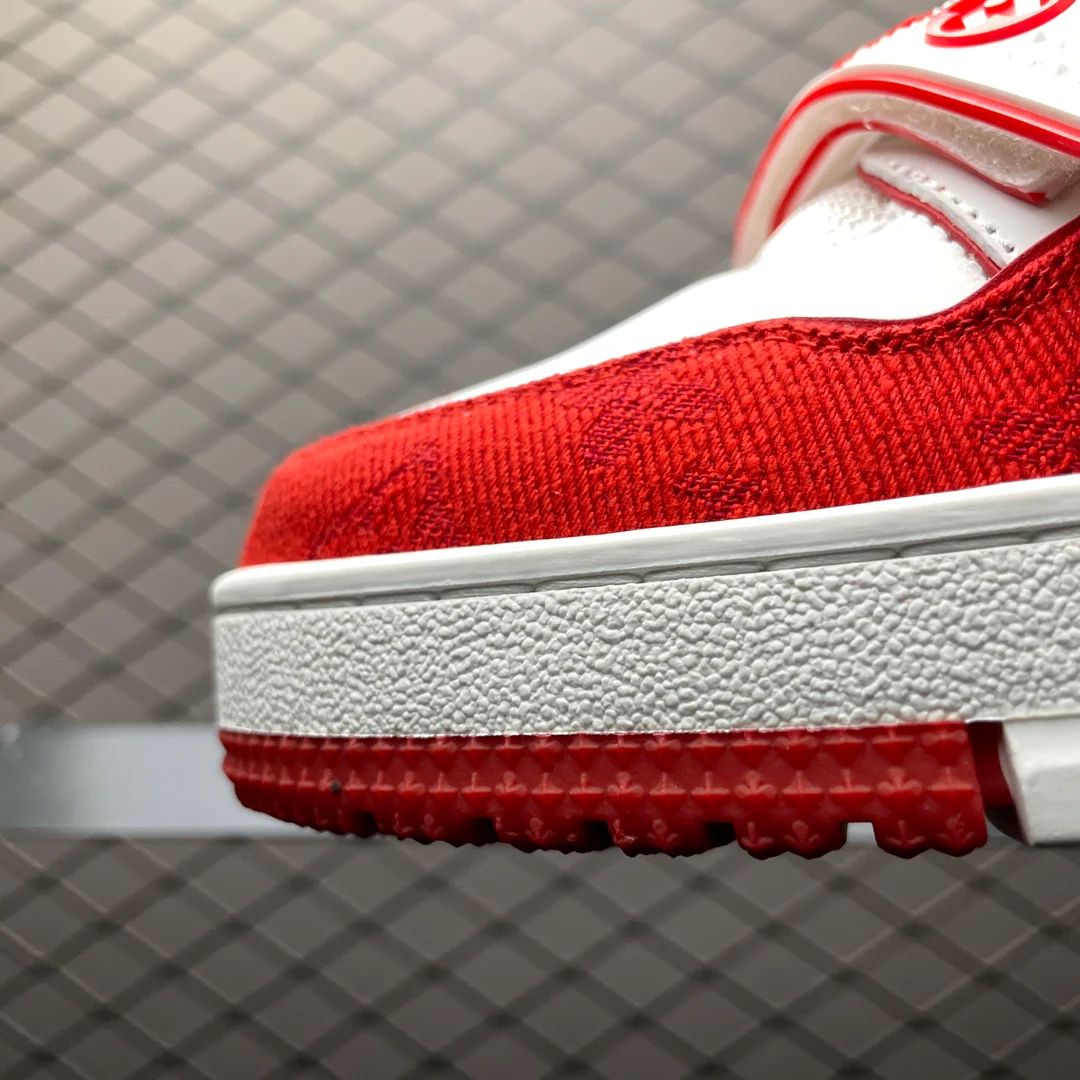 LV Trainers Velcro Strap Monogram Denim Red - Image 8