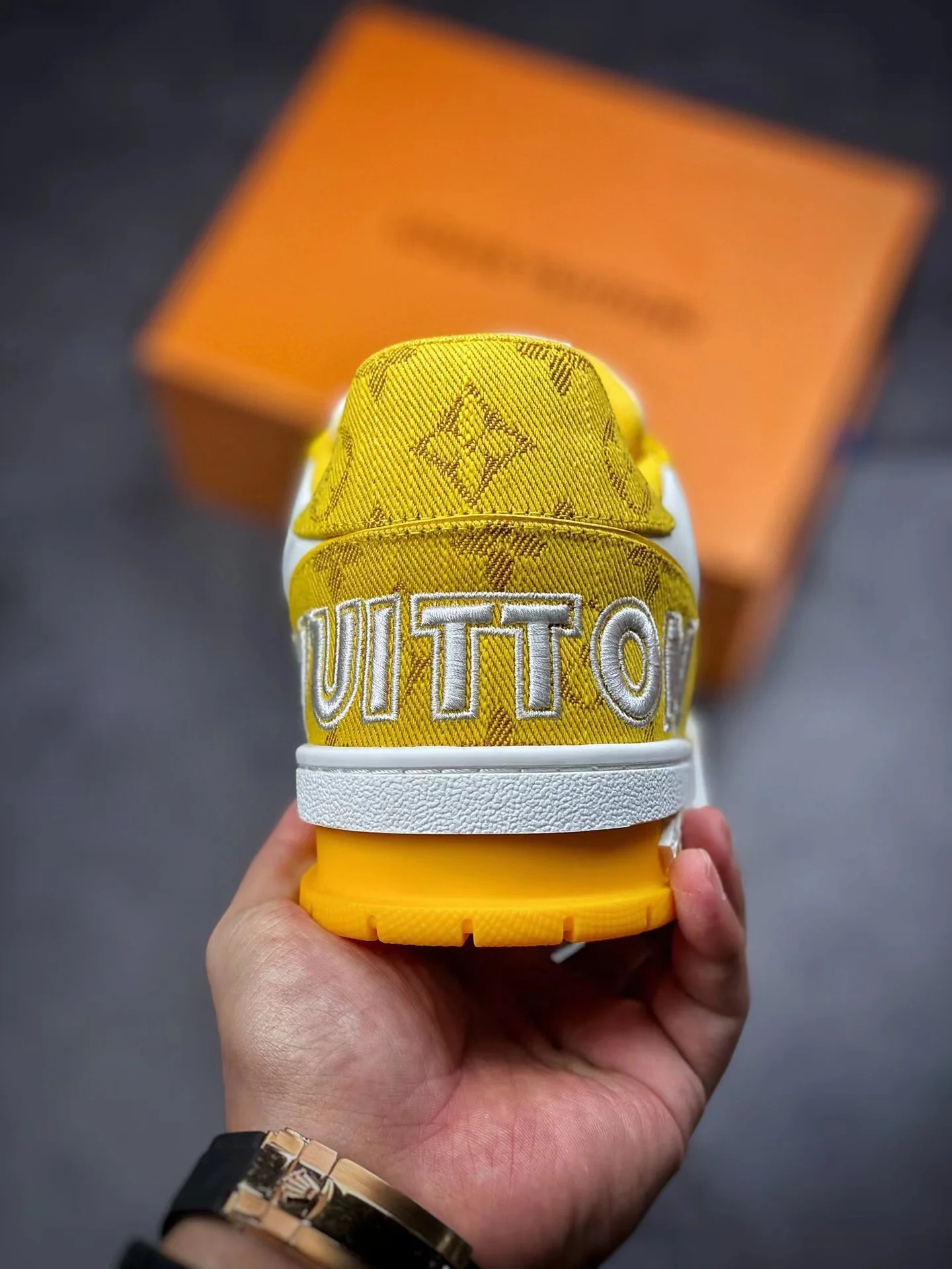 LV Trainers Velcro Strap Monogram Denim Yellow - Image 3
