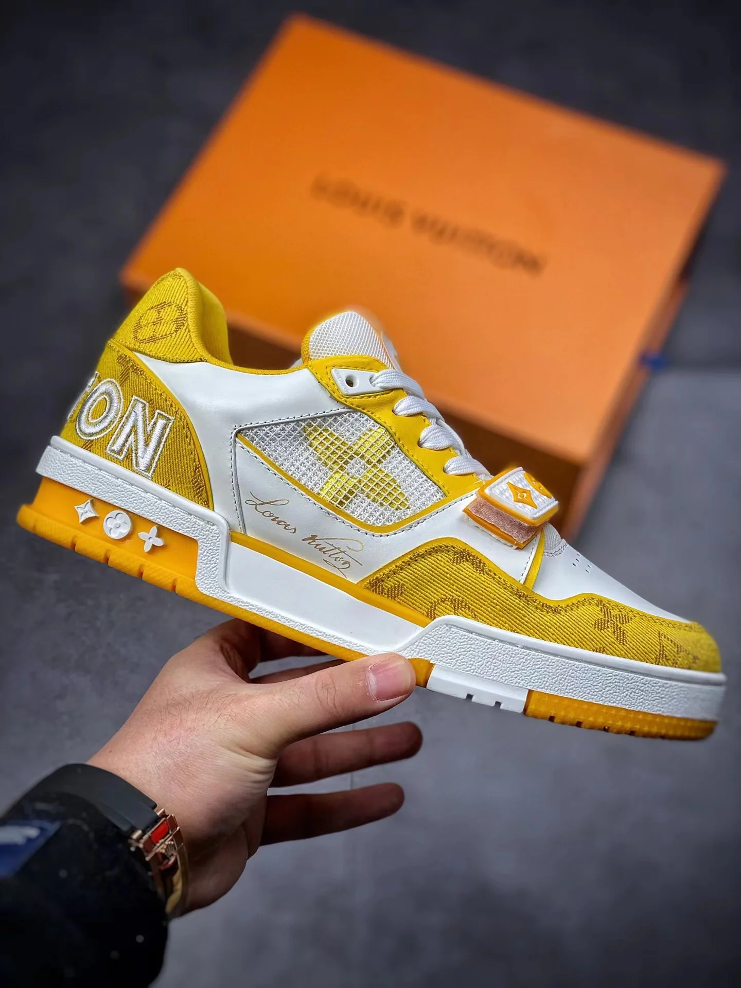 LV Trainers Velcro Strap Monogram Denim Yellow - Image 4