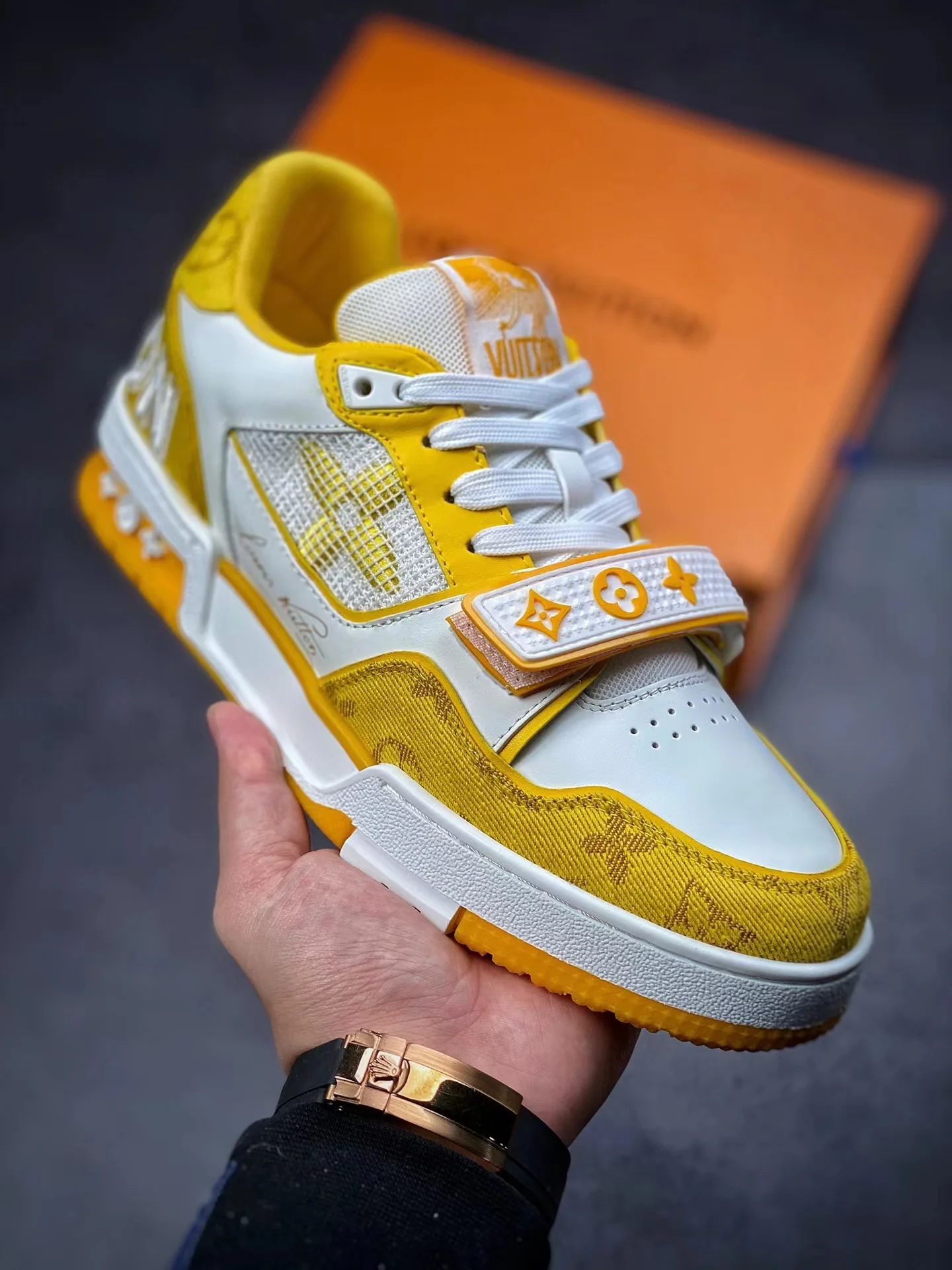 LV Trainers Velcro Strap Monogram Denim Yellow - Image 6
