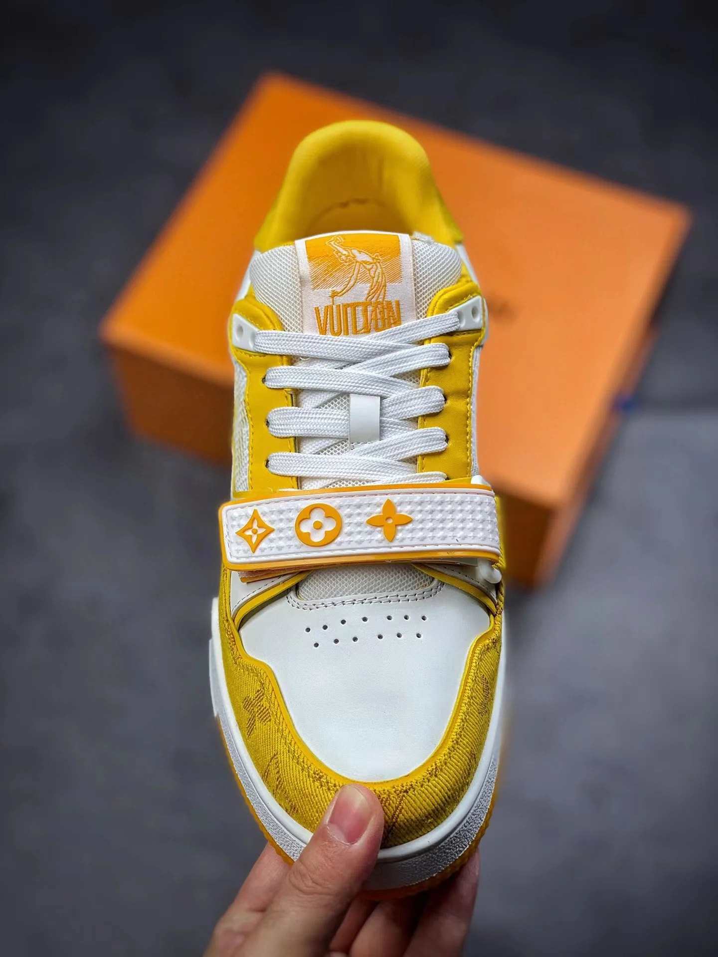 LV Trainers Velcro Strap Monogram Denim Yellow - Image 7