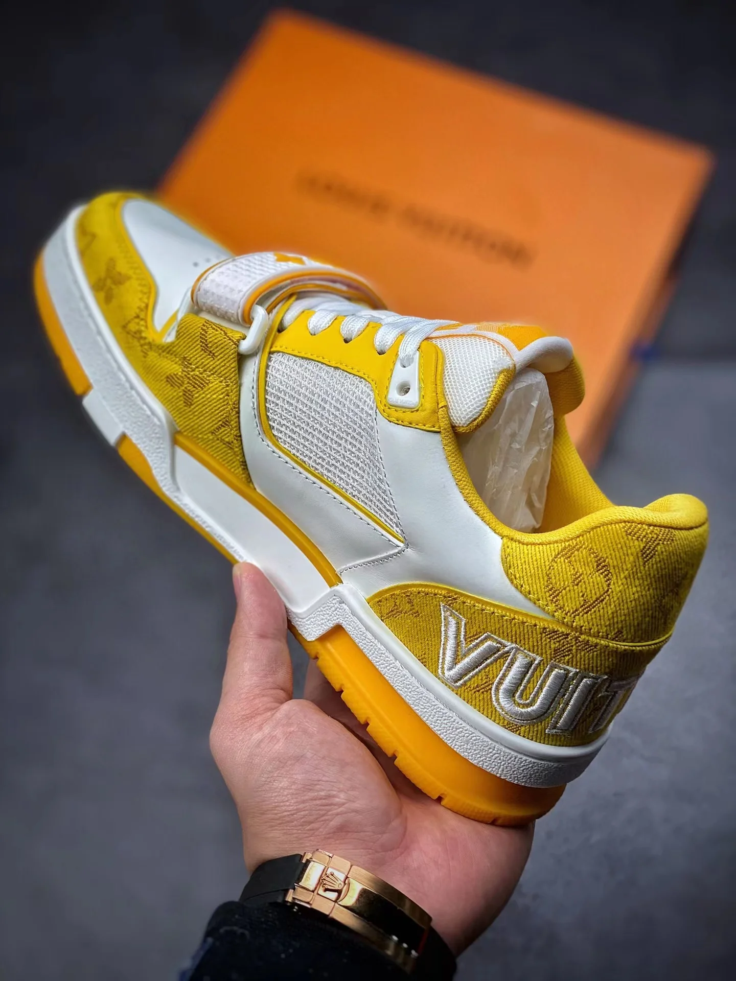 LV Trainers Velcro Strap Monogram Denim Yellow - Image 8