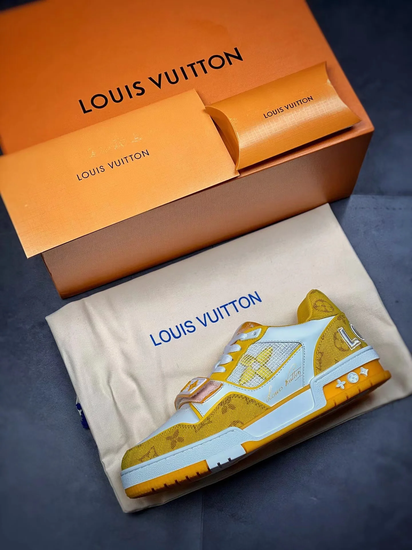 LV Trainers Velcro Strap Monogram Denim Yellow - Image 9